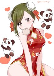  alternate_hairstyle baozi bare_shoulders between_legs blush breasts bun_cover china_dress chinese_clothes cleavage cleavage_cutout clothing_cutout dot_nose double_bun dress female floral_print food green_eyes green_hair hair_bun hair_ribbon hand_between_legs heart highres idolmaster idolmaster_shiny_colors large_breasts long_hair looking_at_viewer medium_breasts mouth_hold nanakusa_hazuki panda pipi_o_(pipioo08) red_dress red_ribbon ribbon side_slit simple_background sitting sleeveless sleeveless_dress smile solo twitter_username upper_body white_background 