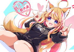  ahoge animal_ear_fluff animal_ears blonde_hair blue_eyes breasts character_request commentary_request commission dutch_angle female fox_ears fox_tail highres hood hooded_sweater indie_virtual_youtuber large_breasts nanaume_(shichimi_tougarashi) sitting skeb_commission solo sweater tail translation_request virtual_youtuber wariza 