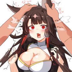  1boy akagi_(azur_lane) akaoni_(zumt3548) animal_ears azur_lane black_kimono blush breasts brown_hair cleavage commander_(azur_lane) commentary_request ear_fondling eargasm eyeliner eyeshadow female fox_ears fox_girl fox_tail grabbing_another&#039;s_ear hand_on_another&#039;s_ear hand_on_another&#039;s_head headpat heavy_breathing highres japanese_clothes kimono kitsune kyuubi large_breasts long_hair makeup multiple_tails out_of_frame red_eyes solo_focus straight tail torogao uncommon_stimulation white_background 