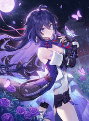  ahoge bare_shoulders black_gloves black_shorts blue_scarf breasts bug butterfly cleavage colored_inner_hair commentary_request dress female flower gloves hair_between_eyes highres honkai:_star_rail honkai_(series) lino_chang long_hair looking_at_viewer medium_breasts multicolored_hair purple_butterfly purple_dress purple_eyes purple_flower purple_hair purple_rose purple_scarf rose scarf seele_(honkai:_star_rail) short_shorts shorts sidelocks single_glove solo thighs 