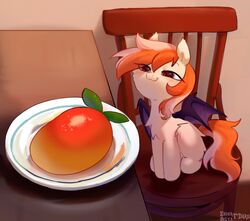  :3 bat_pony bat_wings enderselyatdark equid fan_character female feral furniture hair hasbro hi_res mammal mango membrane_(anatomy) membranous_wings meme my_little_pony orange_hair plate red_eyes seat sitting smile solo table wings 