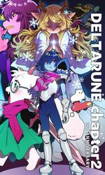  1other 2girls 3boys absurdres annoying_dog berdly_(deltarune) blonde_hair blue_skin blush car colored_skin copyright_name deltarune freckles glasses goat_horns green_robe highres horns kris_(deltarune) lancer_(deltarune) motor_vehicle multiple_boys multiple_girls noelle_holiday praying ralsei red_eyes robe scarf se_(hanahide) sharp_teeth snowflakes standing susie_(deltarune) teeth white_robe 