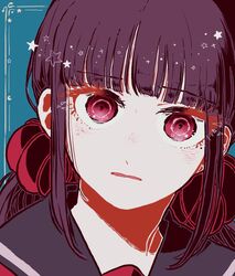  blunt_bangs blush close-up commentary_request danganronpa_(series) danganronpa_v3:_killing_harmony female green_background hair_ornament hair_scrunchie harukawa_maki kiri_(2htkz) long_hair looking_at_viewer mole mole_under_eye portrait purple_hair red_eyes red_scrunchie sailor_collar scrunchie shirt simple_background solo star_(symbol) star_print twintails 