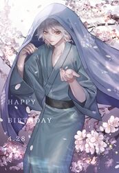  1boy alternate_costume artist_name belt black_belt blanket cherry_blossoms collarbone danganronpa_(series) danganronpa_2:_goodbye_despair dated flower gradient_background grey_background grey_hair hair_between_eyes happy_birthday highres japanese_clothes kimono komaeda_nagito light looking_at_viewer male_focus pale_skin petals smile solo white_background z-epto_(chat-noir86) 