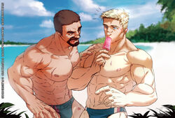  2boys abs bara beach beard black_hair blonde_hair blue_eyes blue_male_swimwear blue_sky brown_eyes cloud day facial_hair fliegen80s food holding holding_food large_pectorals licking licking_lips looking_at_another male_focus male_swimwear multiple_boys muscular muscular_male navel nipples obliques outdoors overwatch overwatch_1 pectorals popsicle reaper_(overwatch) sand scar scar_on_arm scar_on_cheek scar_on_chest scar_on_face scar_on_hand scar_on_leg short_hair sky soldier:_76_(overwatch) swim_briefs tongue tongue_out topless_male water 