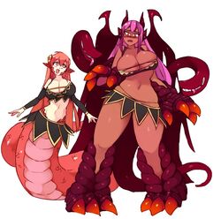  2girls :d alternate_costume animal_hands belly_dancing blush breasts claws cleavage commentary crossover dancer dark-skinned_female dark_skin detached_sleeves dragon_girl dragon_wings english_commentary full_body hair_between_eyes hair_ornament hairclip height_difference jabberwock_(monster_girl_encyclopedia) lamia large_breasts long_hair looking_at_another midriff miia_(monster_musume) monster_girl monster_girl_encyclopedia monster_musume_no_iru_nichijou multiple_girls navel nose_blush open_mouth pointy_ears purple_eyes purple_hair red_hair rtil scales simple_background skindentation slit_pupils smile tail tall_female teeth tongue wavy_mouth white_background wings yellow_eyes 