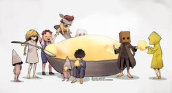  bag barefoot fat_kid_(little_nightmares) food ghost_(little_nightmares) girl_with_braids_(little_nightmares) guri_to_gura holding holding_spoon hood hood_up little_nightmares little_nightmares_comics little_nightmares_ii long_sleeves monji_samonji mono_(little_nightmares) multiple_boys multiple_girls nome_(little_nightmares) pants paper_bag raincoat runaway_kid_(little_nightmares) secrets_of_the_maw short_hair simple_background six_(little_nightmares) spoon toddler_(little_nightmares) white_background yellow_raincoat 