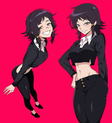  black_hair chainsaw_man collar crop_top cropped_shirt female grey_eyes hand_on_own_hip highres long_sleeves looking_at_viewer mg991998 midriff mifune_fumiko navel red_background short_hair smile solo teeth 