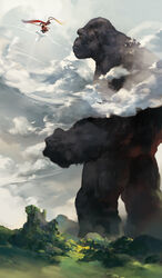  1boy animal ape armor bo_staff cape cloud commentary crossover day flying flying_nimbus from_side gorilla helmet highres holding holding_staff journey_to_the_west king_kong king_kong_(series) kong_(monsterverse) looking_at_another male_focus malu monkey_boy name_connection nature outdoors oversized_animal photoshop_(medium) plant profile red_cape ruyi_jingu_bang size_difference sky squatting staff standing sun_wukong 