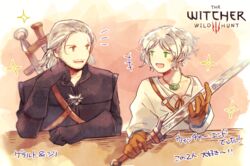  1boy brown_gloves ciri female geralt_of_rivia gloves green_eyes holding holding_sword holding_weapon jewelry kuri_suta_ru necklace open_mouth smile sword the_witcher_(series) the_witcher_3 tied_hair weapon white_hair witcher_medallion 