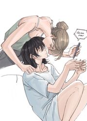  2girls bags_under_eyes bare_legs blue_shirt breasts brown_hair camisole cellphone cleavage collarbone deerwhisky green_camisole hair_bun highres holding holding_phone kissing kissing_forehead medium_hair mole mole_under_eye multiple_girls original phone shirt short_sleeves simple_background smartphone speech_bubble white_background yuri 