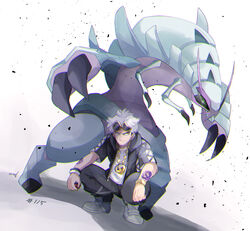  1boy black_pants bracelet dutch_angle gen_7_pokemon golisopod guzma_(pokemon) highres jewelry looking_at_viewer male_focus mei_(maysroom) necklace pants pokemon pokemon_(creature) pokemon_(game) pokemon_sm shirt shoes short_hair short_sleeves smile squatting sunglasses tagme tattoo team_skull watch white_footwear white_hair white_shirt wristwatch 