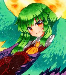  alternate_hair_length alternate_hairstyle ascot bad_id bad_pixiv_id collared_shirt dress_shirt feathered_wings female green_hair green_wings kazami_yuuka kioh_gyoku long_hair looking_at_viewer medium_hair open_mouth orange_ascot orange_eyes purple_wings qqqrinkappp red_vest seihou shikishi shirt solo touhou traditional_media upper_body vest white_shirt wings 