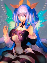  absurdres angel_wings asymmetrical_wings bare_shoulders belt blue_hair breasts center_opening choker cleavage closed_mouth detached_sleeves dizzy_(guilty_gear) female grey_background guilty_gear guilty_gear_x guilty_gear_xx hair_ribbon hair_rings highres light long_hair long_sleeves looking_at_viewer midriff monster_girl navel puffy_long_sleeves puffy_sleeves red_eyes ribbon simple_background sitting smile solo star_(sky) star_(symbol) stomach tail thigh_strap thighs twintails underboob very_long_hair wings yellow_ribbon yohane_shimizu 