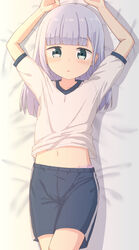  aharen-san_wa_hakarenai aharen_reina arms_up bed_sheet blue_shorts blunt_bangs blush commentary_request cowboy_shot female green_eyes gym_shirt gym_shorts gym_uniform highres long_hair looking_at_viewer lying midriff navel on_back open_mouth panties parted_lips pink_panties purple_hair shirt short_shorts short_sleeves shorts solo takasuma_hiro underwear white_shirt 