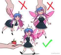  :d black_footwear black_necktie blue_hair blush breasts checkmark dress fairy fairy_wings female food fruit full_body how_to_hold_x_(meme) lifting_person long_hair medium_dress meme mini_person minigirl multiple_views necktie nose_blush nradiowave original pinafore_dress pointy_ears shirt short_sleeves simple_background size_difference sleeveless sleeveless_dress smile socks strawberry white_background white_shirt white_socks wing_hold wings x 