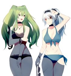  2girls bikini black_hairband blue_hair front-tie_bikini_top front-tie_top girls&#039;_frontline green_hair hairband m950a_(girls&#039;_frontline) multiple_girls ponytail red_eyes side-tie_bikini_bottom stardust-kun swimsuit thunder_(girls&#039;_frontline) 