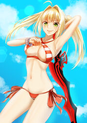  aestus_estus ahoge arm_up armpits bead_bracelet beads bikini bikini_tug blonde_hair blue_background bracelet breasts closed_mouth cloud commentary criss-cross_halter cropped_legs dangle_earrings day earrings fate/grand_order fate_(series) female green_eyes hair_intakes halterneck highres holding holding_sword holding_weapon jewelry large_breasts long_hair looking_at_viewer medium_breasts navel nero_claudius_(fate) nero_claudius_(swimsuit_caster)_(fate) red_bikini side-tie_bikini_bottom sky sling_bikini_top smile solo stomach striped_bikini striped_clothes swimsuit swimsuit_tug sword thirukin twintails weapon 