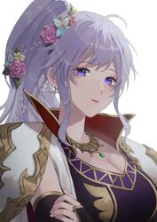  earrings female fire_emblem fire_emblem:_genealogy_of_the_holy_war fire_emblem_heroes flower hair_flower hair_ornament highres ishtar_(fire_emblem) ishtar_(fire_emblem)_(echoing_thunder) jewelry looking_at_viewer necklace pana_(87) ponytail purple_eyes purple_hair simple_background solo 