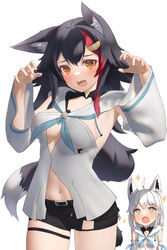  +_+ 2girls @_@ ahoge animal_ear_fluff animal_ears armpits black_hair black_shorts blue_neckerchief blush braid breasts claw_pose commentary_request cosplay detached_sleeves earrings ears_down fox_ears fox_girl green_eyes hair_between_eyes hair_ornament hairclip highres hololive hood hoodie jewelry long_hair looking_at_another looking_at_viewer medium_breasts midriff multiple_girls navel neckerchief oerba_yun_fang ookami_mio open_mouth red_hair shirai_yu shirakami_fubuki shirakami_fubuki_(1st_costume) shirakami_fubuki_(cosplay) short_shorts shorts sidelocks simple_background single_braid skin_fang small_breasts sparkle tail thigh_strap virtual_youtuber white_background white_hair white_hoodie wolf_ears wolf_girl wolf_tail yellow_eyes 