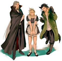  3boys alternate_costume animal_ears apron back_bow black_cloak black_dress black_footwear black_hair black_pants blonde_hair blue_eyes blush boots bow bowtie cloak cloud_strife coat collared_shirt crossdressing dress enmaided final_fantasy final_fantasy_vii final_fantasy_vii_remake frilled_apron frills full_body green_coat grey_hair hair_between_eyes hair_slicked_back halloween halloween_costume high_collar jjn_ff7 kemonomimi_mode long_hair long_sleeves looking_at_viewer maid maid_apron maid_headdress male_focus male_maid mary_janes medium_hair multiple_boys oerba_yun_fang open_collar open_mouth pants parted_bangs puffy_short_sleeves puffy_sleeves scar scar_on_cheek scar_on_face sephiroth shirt shoes short_sleeves sideburns simple_background spiked_hair standing straight_hair sweatdrop tail v_arms vampire_costume wavy_hair werewolf_costume white_background white_shirt wolf_ears wolf_paws wolf_tail zack_fair 