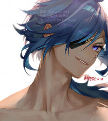  1boy bad_id bad_pixiv_id blue_eyes blue_hair collarbone commentary_request dark-skinned_male dark_skin dated eyepatch genshin_impact kaeya_(genshin_impact) long_hair looking_at_viewer male_focus ojo_aa one_eye_covered parted_lips portrait signature simple_background smile solo topless_male watermark white_background 