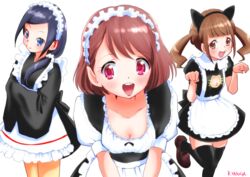  3girls :d alternate_costume animal_ears apron black_hair blue_eyes blush bow breasts brown_eyes brown_hair cat_cutout cat_ears cat_lingerie cleavage cleavage_cutout clip_studio_paint_(medium) closed_mouth clothing_cutout dress enmaided frills hanadera_nodoka healin&#039;_good_precure hiramitsu_hinata kasuga_rurito long_hair long_sleeves looking_at_viewer maid maid_apron maid_headdress meme_attire mixed_maids multiple_girls oerba_yun_fang open_mouth paw_pose precure puffy_sleeves ribbon sawaizumi_chiyu short_hair short_sleeves side_ponytail skirt sleeves_past_wrists smile standing thighhighs twintails wa_maid 