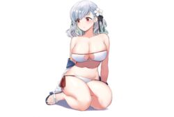  anthro bikini blush breasts cleavage girls_frontline gray_hair hyury red_eyes short_hair spas-12_(girls_frontline) swimsuit third-party_edit white 