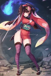  armor arms_up artist_name black_hair breasts brown_eyes comb female flower full_body hair_flower hair_ornament hitodama japanese_armor japanese_clothes katana kimono large_breasts mitsu_(mitsu_art) momohime momohime_(hitodama) obi oboro_muramasa open_mouth patreon_username sandals sash short_kimono shoulder_armor standing sword thighhighs weapon zouri 