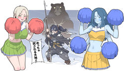  3girls alternate_costume animal bear black_cape black_hair blonde_hair blue_eyes blue_hair blue_skin blush breasts brown_horns cape cheerleader closed_eyes closed_mouth colored_skin commentary_request crop_top elden_ring extra_arms facial_tattoo floating_hair glasses green_eyes hair_over_one_eye hair_rings highres holding holding_polearm holding_pom_poms holding_weapon horns indie_virtual_youtuber itou_life_(vtuber) kuroi_yasu large_breasts long_hair long_sleeves medium_breasts midriff multiple_girls navel one_eye_closed one_eye_covered pleated_skirt polearm pom_pom_(cheerleading) ponytail ranni_the_witch rune_bear_(elden_ring) rya_(elden_ring) skirt sleeveless snow spear stomach sweatdrop tarnished_(elden_ring) tattoo teeth translation_request virtual_youtuber weapon yellow_skirt 