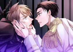  2boys absurdres black_hair bleeding blood brown_hair chains chinese_commentary commentary_request earrings epaulettes eye_contact fugou_keiji_balance:unlimited hands_on_another&#039;s_cheeks hands_on_another&#039;s_face highres indoors ishiifuyun jewelry kanbe_daisuke katou_haru long_sleeves looking_at_another male_focus multiple_boys short_hair tearing_up upper_body yaoi yellow_eyes 