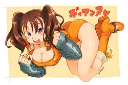  :d ass boots breasts brown_hair cleavage clenched_hands corn_potako diane_(nanatsu_no_taizai) female full_body high_heel_boots high_heels knee_boots leotard medium_breasts medium_hair nanatsu_no_taizai open_mouth orange_footwear orange_leotard puffy_short_sleeves puffy_sleeves purple_eyes short_sleeves smile solo teeth twintails 