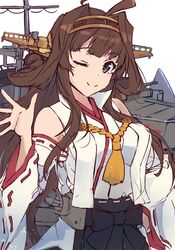  ahoge black_skirt brown_hair commentary_request detached_sleeves double_bun female hair_bun hairband headgear highres japanese_clothes kantai_collection kongou_(kancolle) kongou_kai_ni_(kancolle) long_hair machinery minosu one_eye_closed purple_eyes ribbon-trimmed_sleeves ribbon_trim skirt solo upper_body waving 