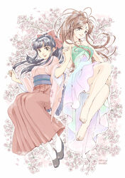  2girls :d barefoot belldandy black_hair brown_eyes cherry_blossoms creator_connection crossover dated floating_hair flower forehead_tattoo hakama hakama_skirt head_tilt highres holding_hands japanese_clothes kimono kou_(kounotori69) long_hair looking_at_viewer multiple_girls oh_my_goddess! open_mouth pink_flower pink_kimono red_skirt sakura_taisen shinguuji_sakura skirt smile 