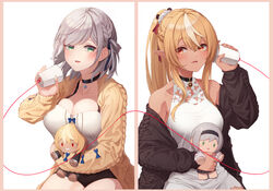  2girls absurdres alternate_costume black_choker black_shorts blonde_hair blue_ribbon blush braid breasts brown_cardigan cardigan character_doll choker cleavage commentary_request cup doll eyes_visible_through_hair green_eyes grey_hair hair_between_eyes hair_ribbon halterneck highres holding holding_cup holding_doll hololive large_breasts long_hair long_sleeves looking_at_another multicolored_hair multiple_girls one_side_up parted_lips pointy_ears ponytail red_eyes ribbon shiranui_flare shirogane_noel shirogane_noel_(casual) shirt short_hair shorts sideways_glance sleeveless sleeveless_shirt streaked_hair string string_of_fate string_phone tang-du virtual_youtuber white_background white_hair white_shirt yellow_cardigan 