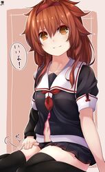  absurdres asymmetrical_sleeves black_legwear black_serafuku breasts brown_eyes brown_hair collarbone female hair_flaps hairband hibiki_(zerocodo) highres kantai_collection long_hair long_sleeves looking_at_viewer medium_breasts navel red_hairband school_uniform serafuku shiratsuyu_(kancolle) shiratsuyu_kai_ni_(kancolle) short_sleeves thighhighs uneven_sleeves zettai_ryouiki 