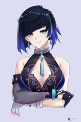  absurdres aqua_eyes asymmetrical_gloves bare_shoulders black_gloves blue_hair bob_cut bracelet braid breasts cleavage closed_mouth cropped_torso crossed_arms dark_blue_hair dice earrings female fingerless_gloves genshin_impact gloves gradient_hair highres jewelry large_breasts linreplica looking_at_viewer mole mole_on_breast multicolored_hair pink_lips short_hair signature simple_background smile solo white_background white_gloves yelan_(genshin_impact) 