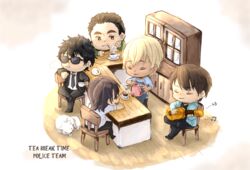  5boys amuro_tooru apron black_eyes black_footwear black_hair black_jacket black_necktie black_pants black_shirt black_suit blonde_hair blue_hoodie brown_hair cafe canine chair chibi cigarette closed_eyes closed_mouth coffee collared_shirt cup date_wataru english_text facial_hair formal hagiwara_kenji haro_(meitantei_conan) highres holding holding_cup holding_instrument holding_teapot hood hood_down hoodie instrument jacket long_sleeves male_focus masako1031 matsuda_jinpei meitantei_conan mouth_hold multiple_boys music musical_note necktie on_chair open_clothes open_hoodie open_jacket pants playing_instrument pouring saucer scotch_(meitantei_conan) shirt shoes short_hair short_sleeves sitting smoke smoking standing steam stubble suit sunglasses teacup teapot toothpick white_shirt 