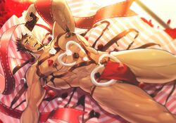  1boy abs armpit_hair bara blush brown_hair bulge chocolate chocolate_on_body chocolate_on_pectorals dark-skinned_male dark_skin facial_hair fai_(fai-storage) feet_out_of_frame food food_on_body fundoshi_day gift_wrapping goatee highres holding holding_chocolate holding_food large_pectorals loincloth lying male_focus male_underwear mature_male muscular muscular_male nantaimori navel nipples on_back original pectorals pelvic_curtain red_male_underwear sexually_suggestive short_hair sideburns smile solo spiked_hair stomach thick_thighs thighs topless_male underwear underwear_only valentine 