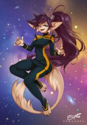  2022 alien anthro breasts clothed clothing dragonfu female floating hair hi_res long_hair looking_at_viewer medium_breasts paws ponytail purple_hair solo tail zex_(dragonfu) 