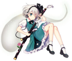  ;( belt black_belt black_bow black_bowtie black_footwear black_hairband black_ribbon blush bow bowtie commentary_request drawing_sword female floral_print flower full_body green_eyes green_skirt green_vest hair_ribbon hairband hitodama holding holding_sword holding_weapon katana knees_up konpaku_youmu konpaku_youmu_(ghost) kyouda_suzuka looking_at_viewer miniskirt one_eye_closed partial_commentary petticoat pink_flower ribbon scabbard sheath shoes short_hair simple_background sitting skirt skirt_set socks solo sword touhou unsheathing vest weapon white_background white_hair white_socks 