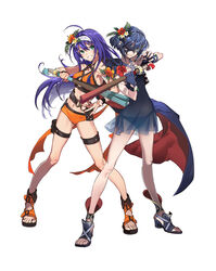  2girls absurdres ahoge belt bikini blue_hair braid breasts collarbone commentary english_commentary fingerless_gloves fingernails fire_emblem fire_emblem:_radiant_dawn fire_emblem_awakening fire_emblem_heroes flower full_body gloves green_eyes hairband hibiscus highres holding long_hair looking_at_viewer lucina_(fire_emblem) lucina_(summer)_(fire_emblem) marth_(fire_emblem_awakening) mask medium_breasts mia_(fire_emblem) mia_(summer)_(fire_emblem) multiple_girls navel official_art parted_lips sandals see-through short_hair simple_background smile stomach swimsuit tied_hair white_background yoneyama_mai 