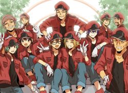  6+boys :d aa-2153 banchii black_hair blonde_hair brown_hair cabbie_hat character_request everyone glasses gloves green_hair grey_hair hat hataraku_saibou hataraku_saibou_black highres jacket multiple_boys open_mouth purple_hair red_blood_cell_(hataraku_saibou) red_hair red_headwear red_jacket shirt short_hair smile 