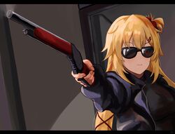  absurdres akai_haato blonde_hair commentary_request cosplay expressionless female gun hair_ornament hair_ribbon hairclip highres holding holding_gun holding_weapon hololive letterboxed long_hair one_side_up parody ribbon scene_reference shotgun solo sunglasses t-800 t-800_(cosplay) terminator_(series) virtual_youtuber weapon winchester_model_1887 yato_(yama0x1) 