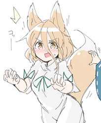  2girls animal_ears blonde_hair blue_sleeves blush brown_eyes commentary_request cowboy_shot embarrassed fox_ears fox_girl fox_tail green_ribbons holding_another&#039;s_tail iizunamaru_megumu ko~n kudamaki_tsukasa long_sleeves mizukena_(pokesun) multiple_girls nose_blush open_mouth ribbon romper short_hair surprised sweat tail tail_grab touhou translated white_romper wide_sleeves 