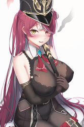  absurdres ascot bare_shoulders black_leotard black_pantyhose blush breasts brooch brown_gloves cleavage commentary elbow_gloves female gloves hat heterochromia highres holding hololive houshou_marine houshou_marine_(marching_band) jewelry large_breasts leotard long_hair looking_at_viewer multicolored_hair official_alternate_costume official_alternate_hair_length official_alternate_hairstyle pantyhose parted_lips raised_eyebrows red_eyes red_hair see-through see-through_cleavage shako_cap simple_background sitting solo streaked_hair tousaki_(tousakiworks) very_long_hair virtual_youtuber white_background white_hair wing_collar yellow_eyes 