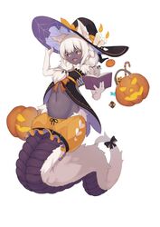  :d animal_ears animal_hands bell_orgel black_sclera blunt_bangs book bow bunyip_(monster_girl_encyclopedia) candle colored_sclera colored_skin commentary ears_through_headwear female fur grey_skin groin halloween hand_on_headwear hat highres holding holding_book jack-o&#039;-lantern lamia long_hair monster_girl monster_girl_encyclopedia navel oerba_yun_fang open_mouth simple_background skin_fang slit_pupils smile solo stomach tail tail_bow tail_ornament white_background white_fur white_hair witch_hat yellow_eyes 