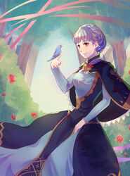  bird blue_hair braid closed_mouth commentary_request crown_braid dress female fire_emblem fire_emblem:_three_houses flower highres long_sleeves marianne_von_edmund outdoors riou_(pooh920) solo tree 