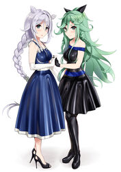  2girls absurdres alternate_costume black_dress black_footwear black_gloves black_ribbon blue_dress blue_eyes braid breasts commentary_request dress elbow_gloves gloves green_eyes green_hair hair_between_eyes hair_flaps hair_ornament hair_ribbon hairclip high_heels highres holding_hands kantai_collection latex latex_dress latex_gloves latex_legwear long_hair medium_breasts minase_(takaoka_nanase) multiple_girls parted_bangs partial_commentary ponytail ribbon sidelocks single_braid sleeveless sleeveless_dress standing twin_braids umikaze_(kancolle) umikaze_kai_ni_(kancolle) very_long_hair white_gloves white_hair yamakaze_(kancolle) yamakaze_kai_ni_(kancolle) 