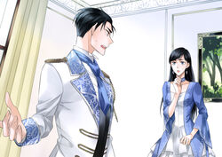  1boy absurdres black_hair blue_necktie breasts commentary_request curtains dress earrings eye_contact female formal fugou_keiji_balance:unlimited hand_up highres indoors ishiifuyun jewelry kanbe_daisuke kanbe_suzue long_hair long_sleeves looking_at_another medium_breasts necktie painting_(object) short_hair suit sweatdrop 